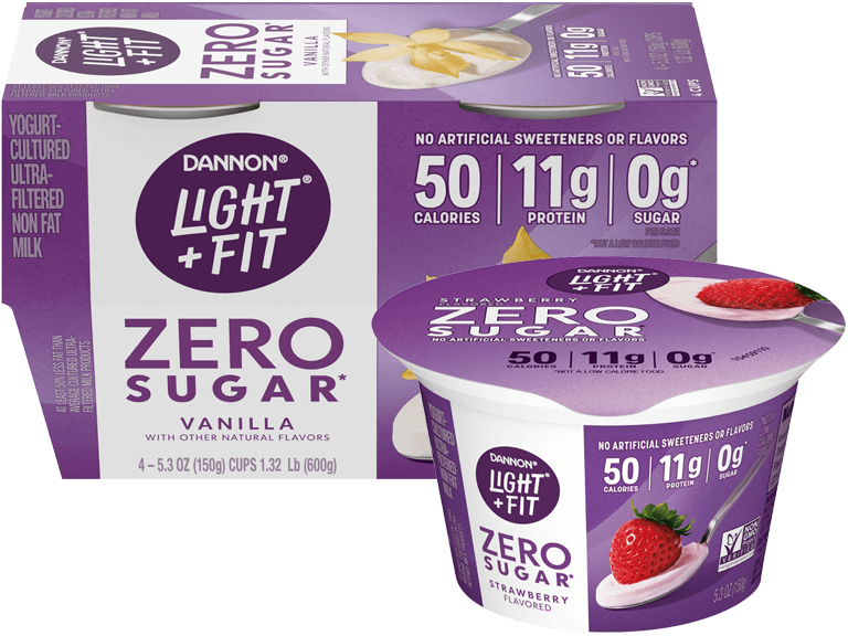 Dannon brand Light and Fit yogurt vanilla 4 count package and strawberry single container
