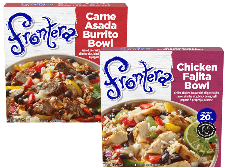 Frontera brand frozen entrees care asada burrito bowl variety and chicken fajita bowl variety