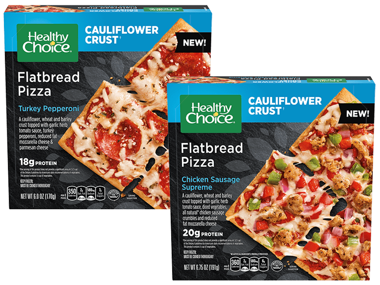Healthy Choice brand frozen cauliflower crust pizzas turkey pepperoni variety and chicken sausage supreme variety
