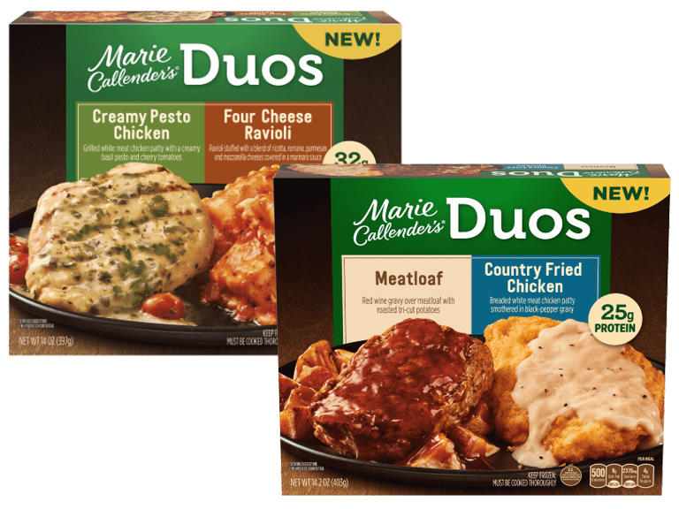 Marie Callender brand Duos frozen entrees pesto chicken with four cheese ravioli variety and meatloaf with Country fried chicken variety